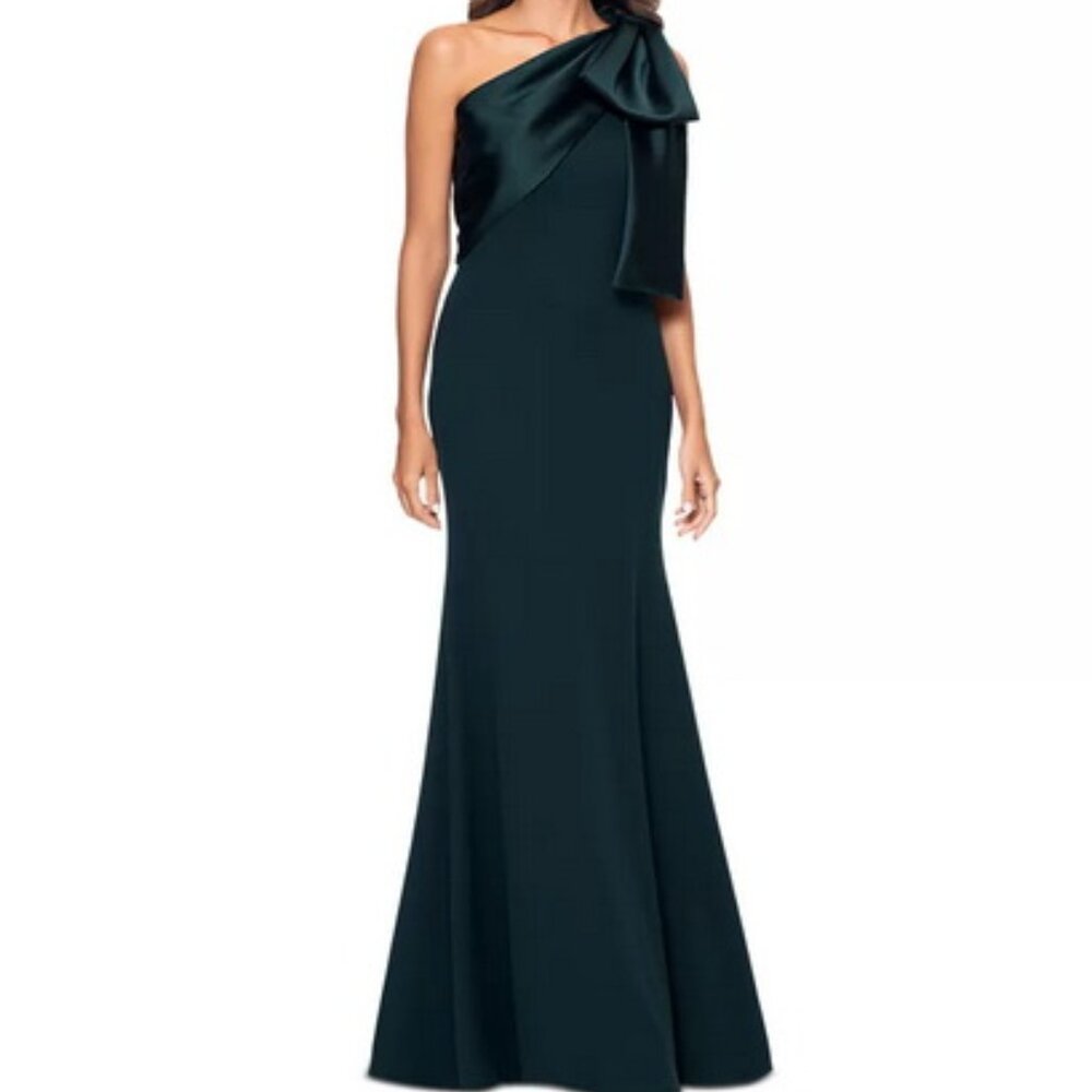 Betsy & Adam Pine Green Bow One-Shoulder Crepe Mermaid Gown